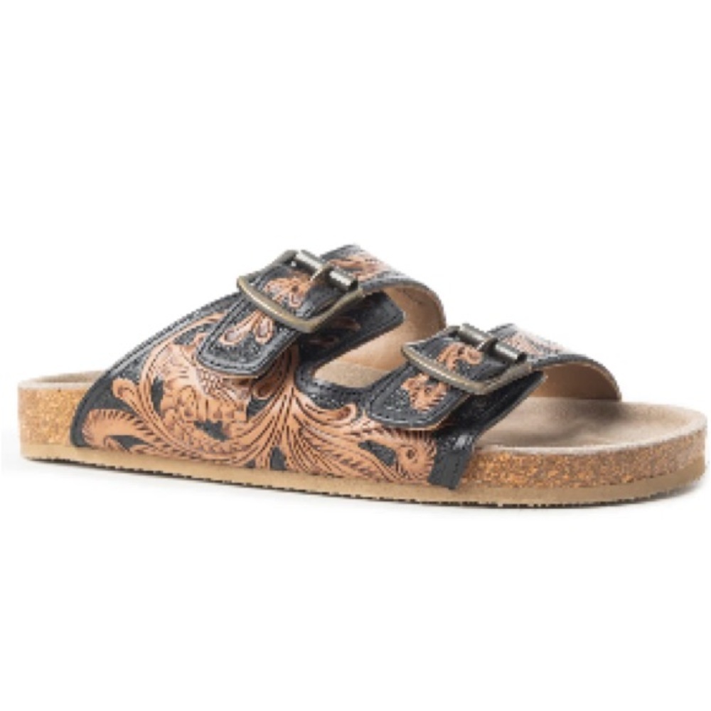 Myra Tooled Leather Sandals Brown Cork Footbed Feather Buckle Boho Western Sz 6 - Picture 4 of 8